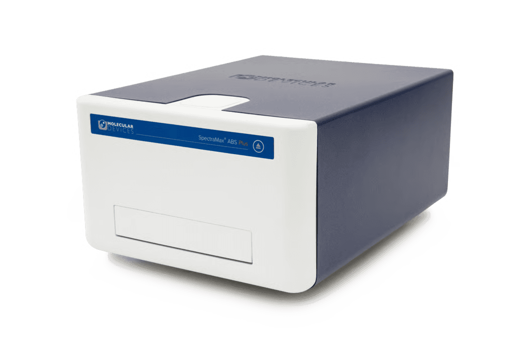 Lector de microplacas de absorbancia SpectraMax ABS Plus de Molecular Devices para ELISA y cuantificación de DNA/RNA, con rango espectral de 190 a 1000 nm.